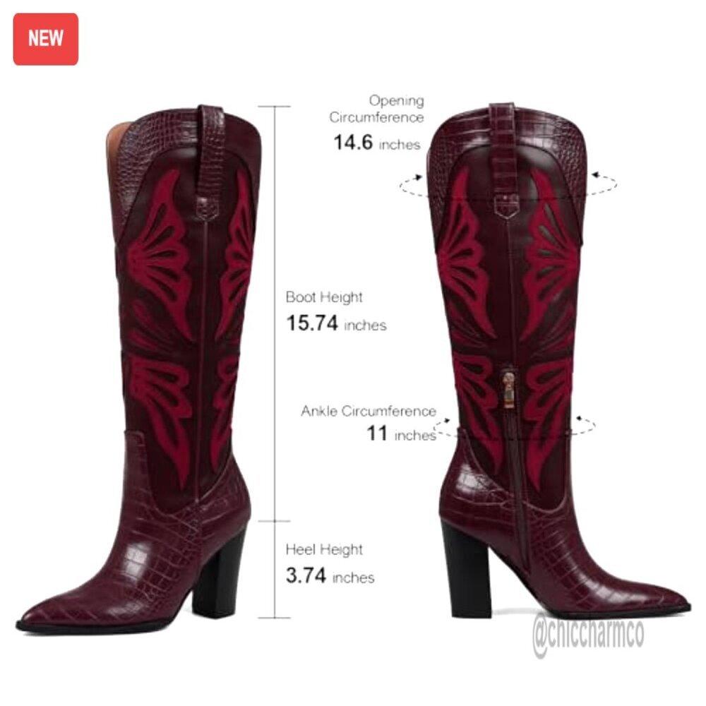 Pointed Toe Knee High Cowboy Boots with Chunky Heel and Butterfly Embroidery - Picture 6 of 7